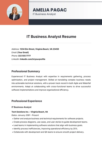 Free IT Business Analyst Resume Template to Edit Online
