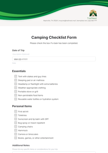 Free Camping Checklist Form Template to Edit Online
