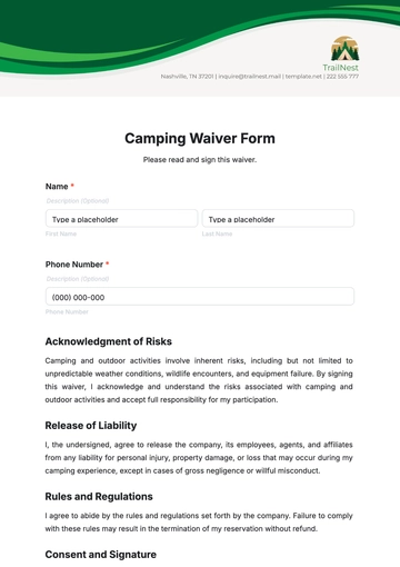 Free Camping Waiver Form Template to Edit Online