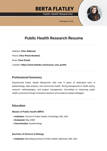 Free Public Health Research Resume Template to Edit Online