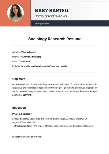 Free Sociology Research Resume Template to Edit Online