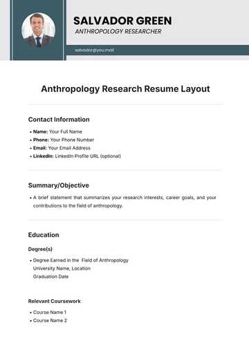 Free Anthropology Research Resume Layout Template to Edit Online