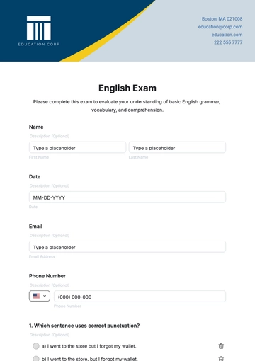Free English Exam Template to Edit Online