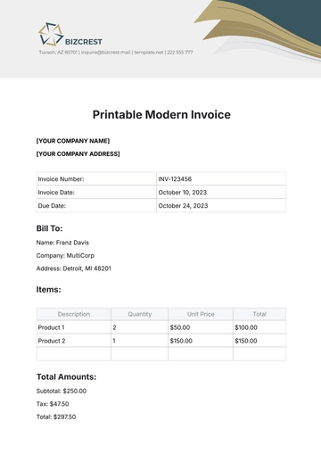 Free Printable Modern Invoice Template to Edit Online