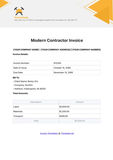 Free Modern Contractor Invoice Template to Edit Online