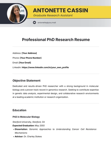 Free Professional PhD Research Resume Template to Edit Online