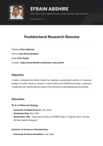 Free Postdoctoral Research Resume Template to Edit Online