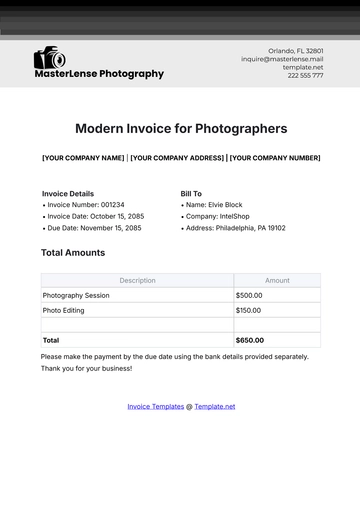 Free Modern Invoice Template for Photographers to Edit Online