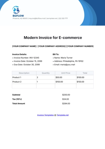 Free Modern Invoice Template for E-commerce to Edit Online