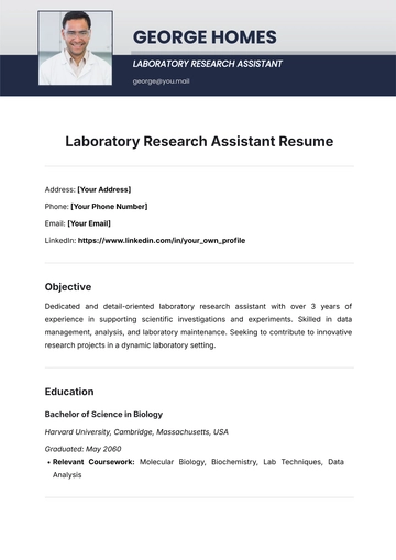 Free Laboratory Research Assistant Resume Template to Edit Online