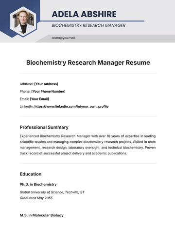 Free Biochemistry Research Manager Resume Template to Edit Online