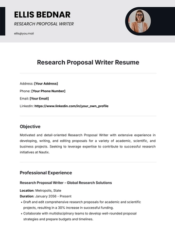 Free Research Proposal Writer Resume Template to Edit Online