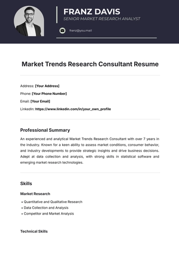 Free Market Trends Research Consultant Resume Template to Edit Online