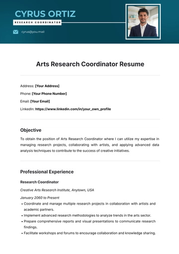 Free Arts Research Coordinator Resume Template to Edit Online