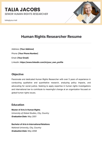 Free Human Rights Researcher Resume Template to Edit Online