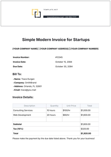 Free Simple Modern Invoice Template for Startups to Edit Online