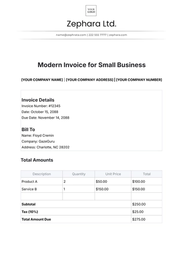 Free Modern Invoice Template for Small Business to Edit Online