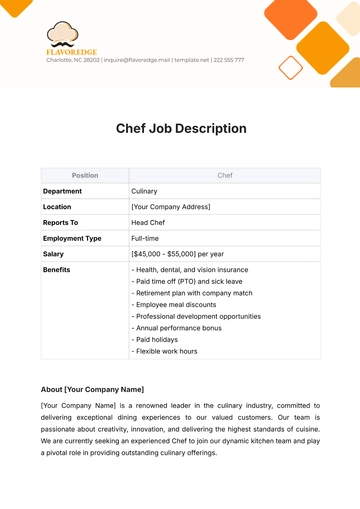 Free Chef Job Description Template to Edit Online