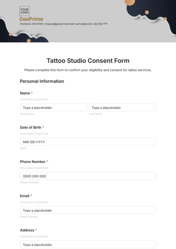 Free Tattoo Studio Consent Form Template to Edit Online