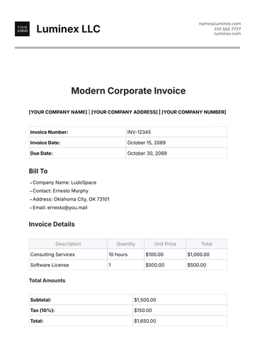 Free Modern Corporate Invoice Template to Edit Online