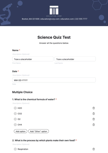 Free Science Quiz Test Template to Edit Online