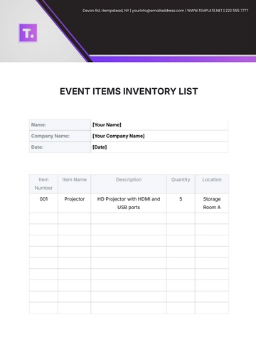 Free Event Items  Inventory List Template to Edit Online