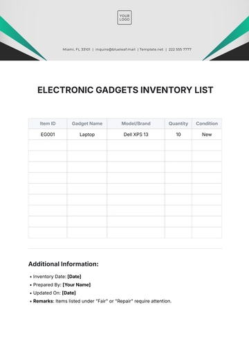 Free Electronic Gadgets Inventory List Template to Edit Online