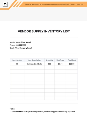 Free Vendor Supply Inventory List Template to Edit Online