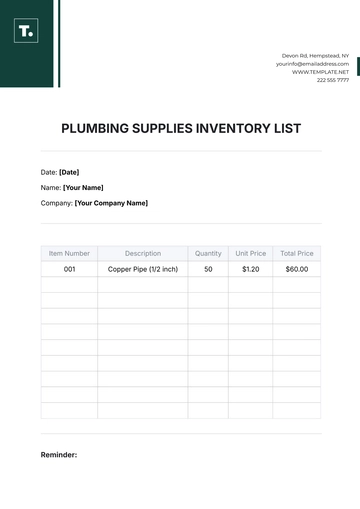 Free Plumbing Supplies  Inventory List Template to Edit Online