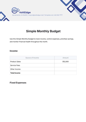 Free Simple Monthly Budget Template to Edit Online
