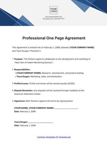 Free Professional One Page Agreement Template to Edit Online