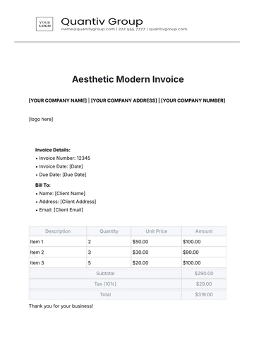 Free Aesthetic Modern Invoice Template with Logo to Edit Online