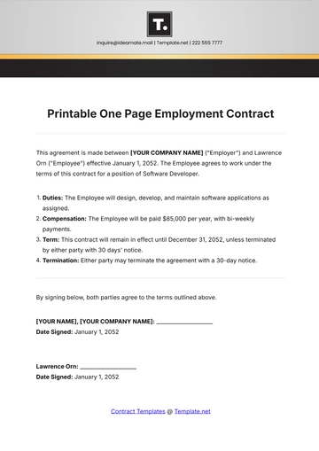 Free Printable One Page Employment Contract Template to Edit Online