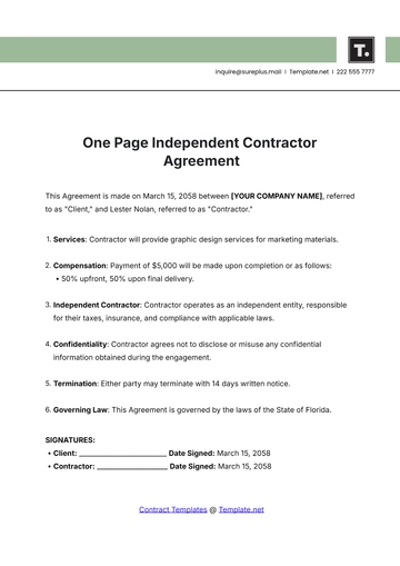 Free One Page Independent Contractor Agreement Template to Edit Online