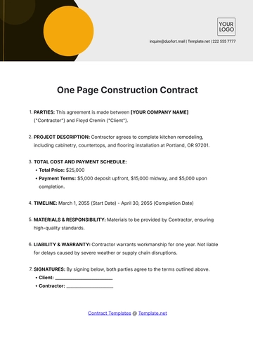 Free One Page Construction Contract Template to Edit Online