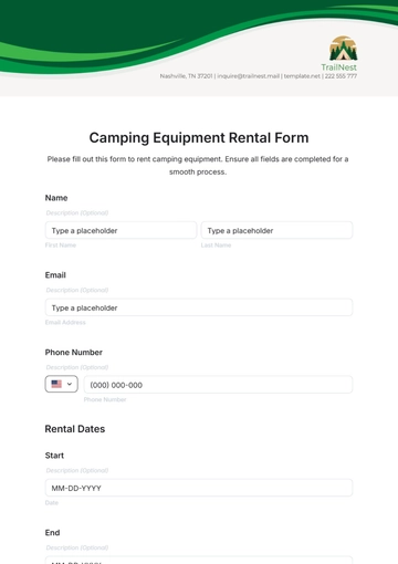 Free Camping Equipment Rental Form Template to Edit Online