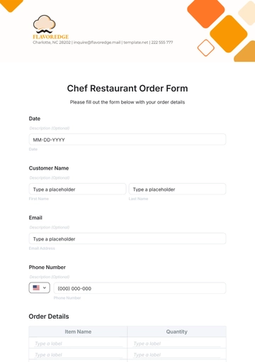Free Chef Restaurant Order Form Template to Edit Online