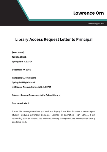 Free Library Access Request Letter to Principal Template to Edit Online