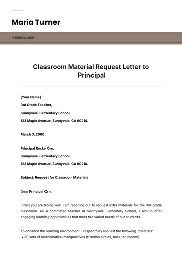 Free Classroom Material Request Letter to Principal Template to Edit Online