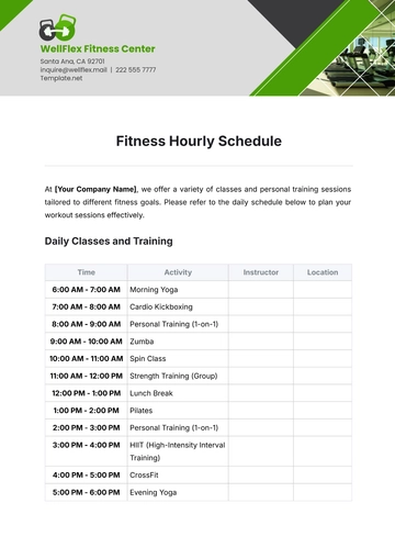 Free Fitness Hourly Schedule Template to Edit Online