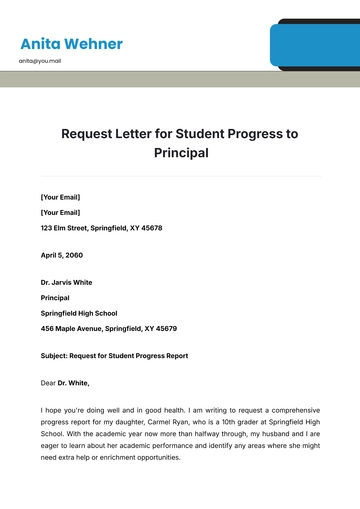 Free Request Letter for Student Progress to Principal Template to Edit Online