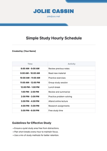 Free Simple Study Hourly Schedule Template to Edit Online