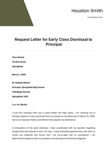Free Request Letter for Early Class Dismissal to Principal Template to Edit Online