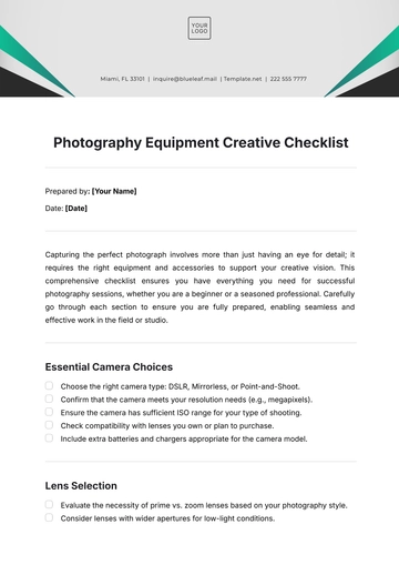 Free Photography Equipment  Creative Checklist Template to Edit Online