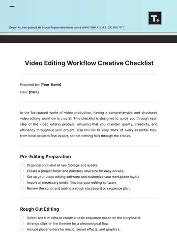 Free Video Editing Workflow  Creative Checklist Template to Edit Online