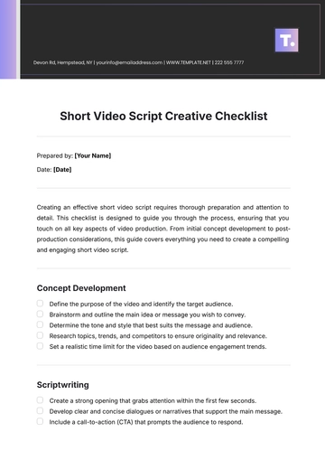Free Short Video Script  Creative Checklist Template to Edit Online