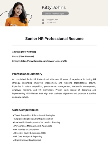 Free Senior HR Professional Resume Template to Edit Online