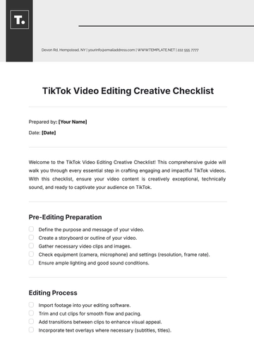 Free TikTok Video Editing  Creative Checklist Template to Edit Online