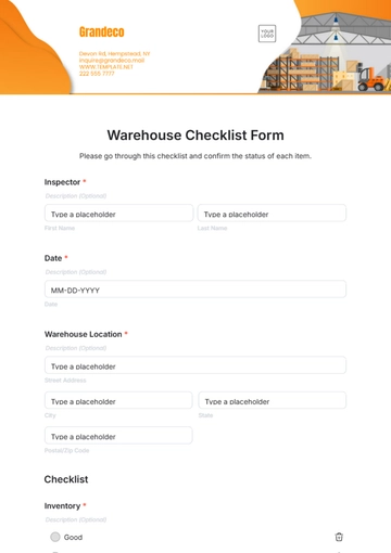 Free Warehouse Checklist Form Template to Edit Online