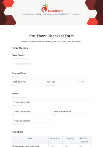 Free Pre-Event Checklist Form Template to Edit Online
